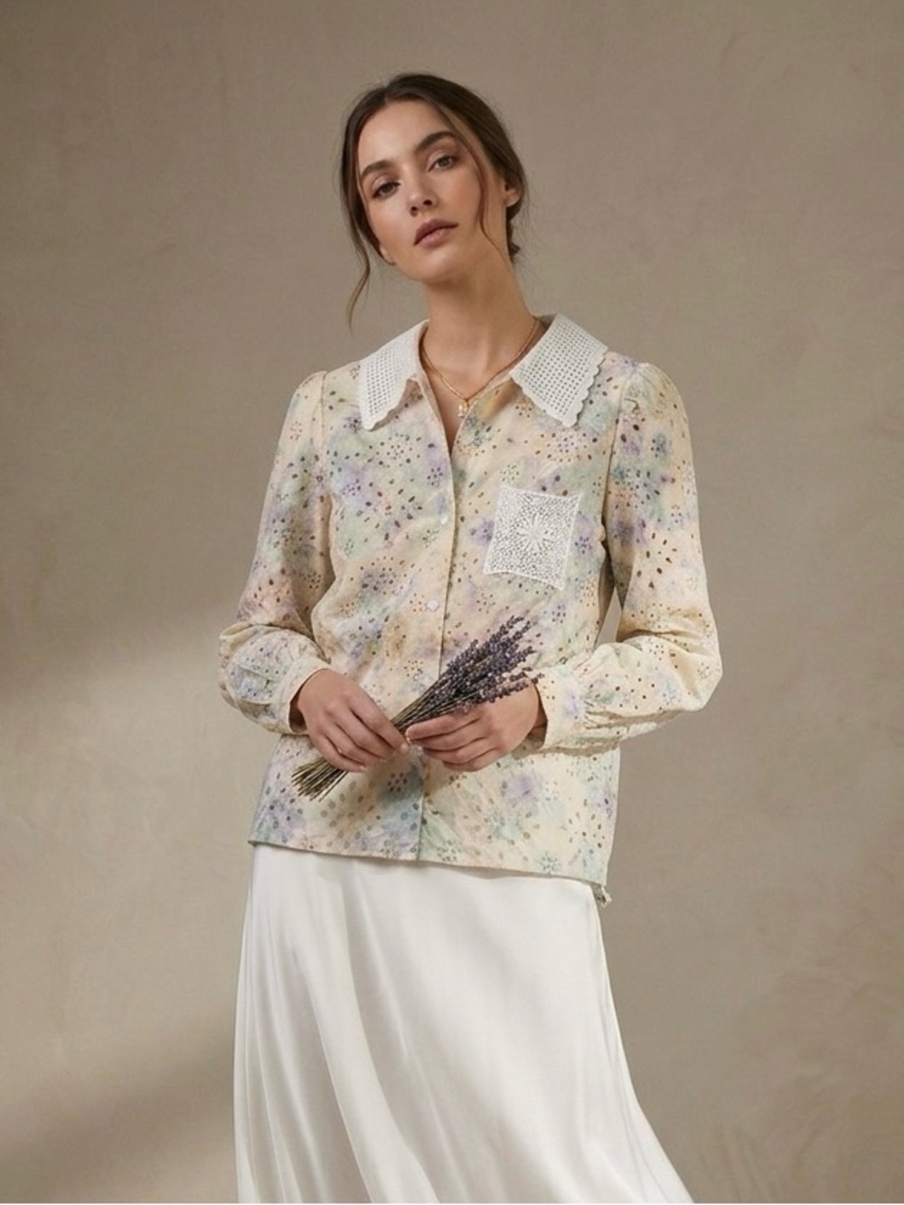 Floral Eyelet Cotton Jacket w/ Crochet Lace Peter Pan Collar | M